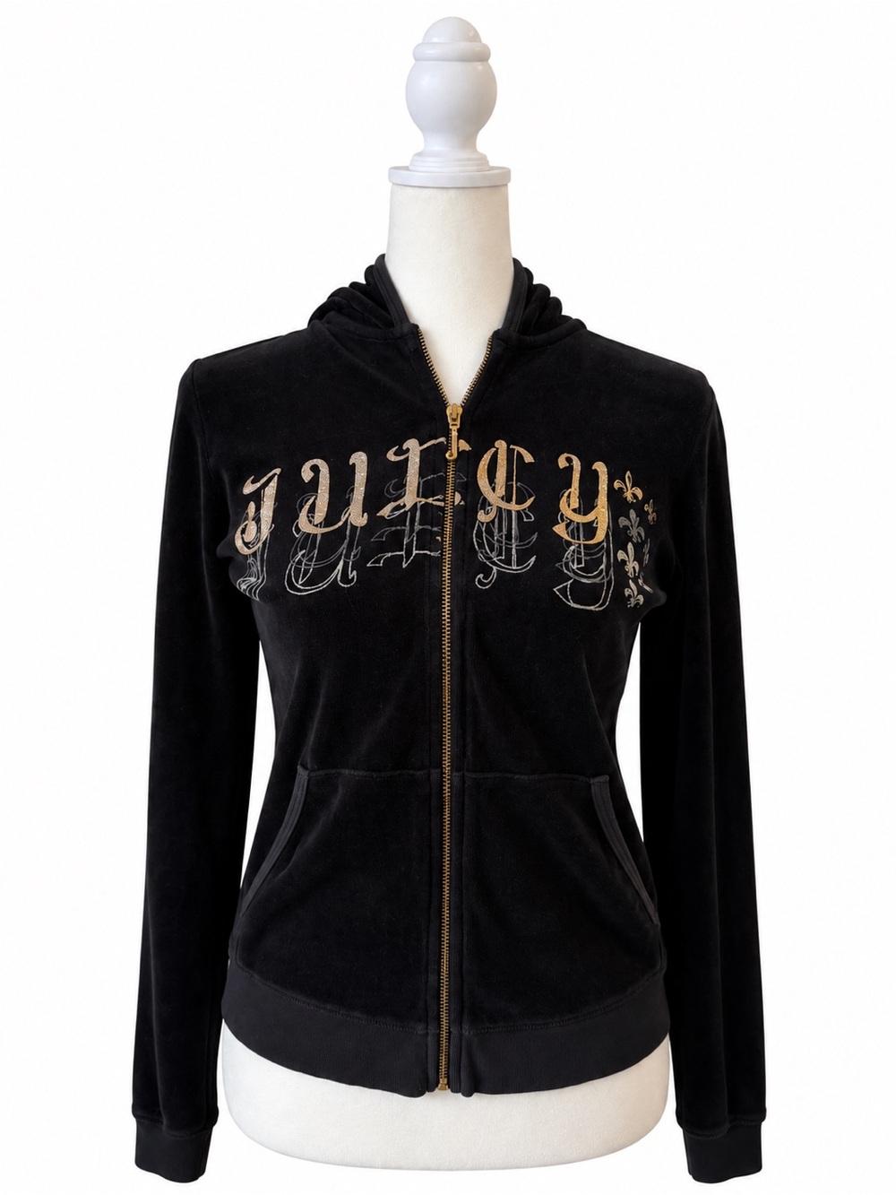 Juicy Couture Black Velour Zip Hoodie with Gold Script